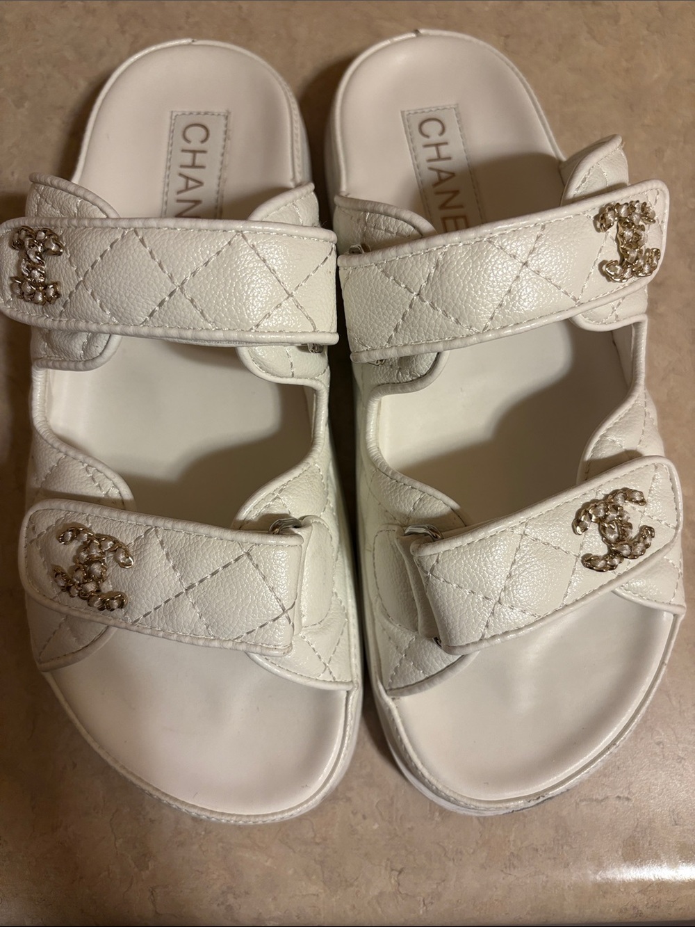 CHANEL White Quilted CC-Logo Double-Strap Slide Sandals